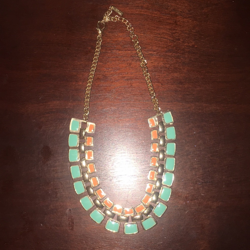 Blue, orange, gold statement necklace